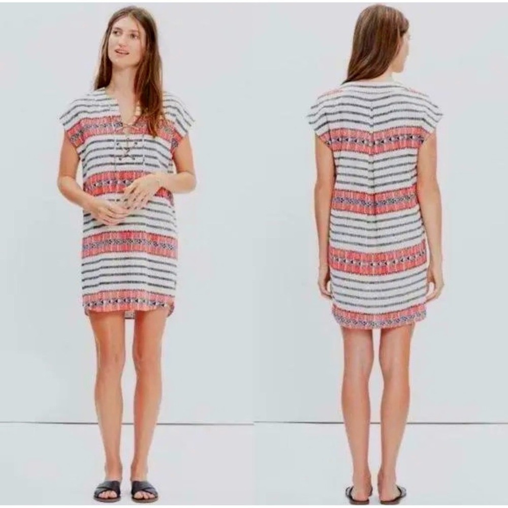 Madewell Catarina Cover Up Tunic Totem Stripe Aztec lace-up neck dress‎ XS Boho